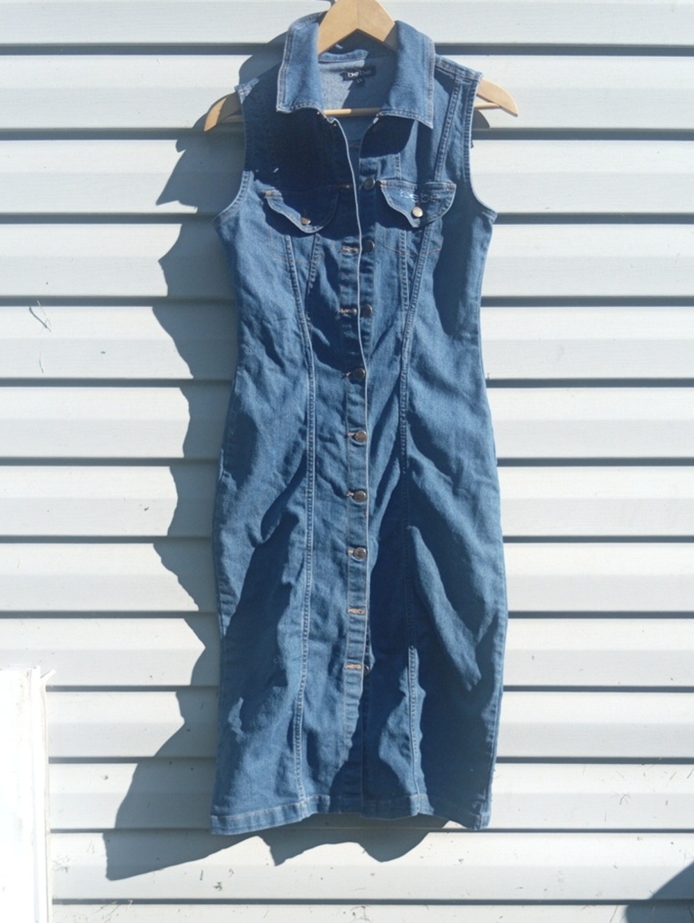 bebe Sleeveless Blue Denim Button-Front Midi Dress